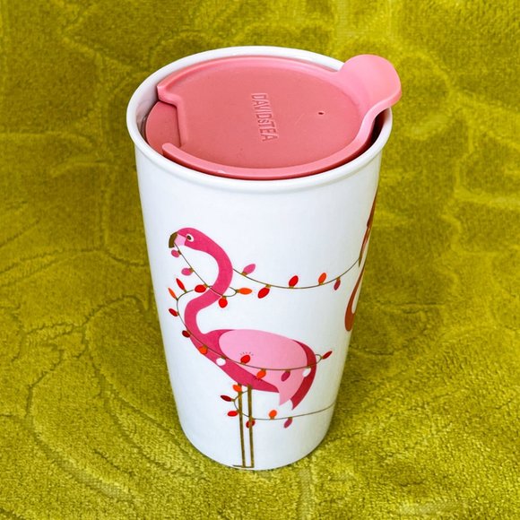 Davids Tea Twisted Pink Flamingo Ceramic Christmas Lights Travel Tumbler Mug Lid - Picture 5 of 10